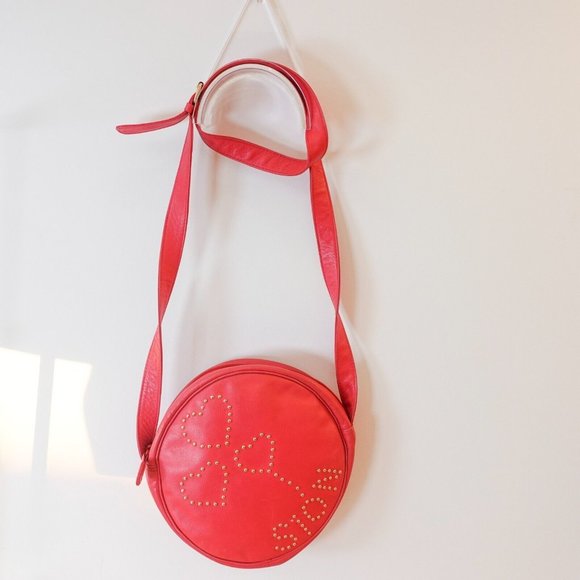 Womens Leather Crossbody Bag Pink‎ Rounded Circle Studded Heart MADAM SION JAPAN - Picture 1 of 16